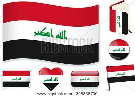 Irak Flag Wave, Book, Circle, Pin, Button, Heart And Sticker.