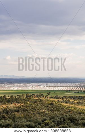 Logrosan, Extremadura, Spain - March 23, 2019: Views Of Solaben, The Logrosan Thermosolar Plant Curr