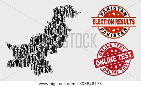 Democracy Pakistan Map And Seal Stamps. Red Round Online Test Distress Seal. Black Pakistan Map Mosa
