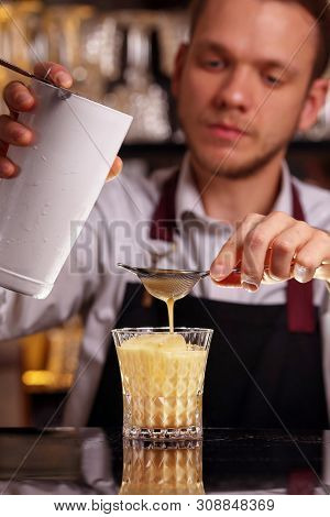 Barmen Is Making Batida Cocktail Drink With Mint Making By Bartender