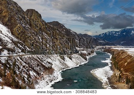 Russia. Mountain Altai. Katun River Along The Chui Tract Near The Village Of Maly Yaloman
