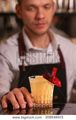 Barmen Is Making Batida Cocktail Drink With Mint Making By Bartender