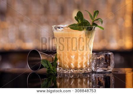 Barmen Is Making Batida Cocktail Drink With Mint Making By Bartender