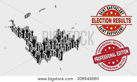 Democracy Saint Barthelemy Map And Watermarks. Red Rounded Professional Edition Grunge Seal Stamp. B