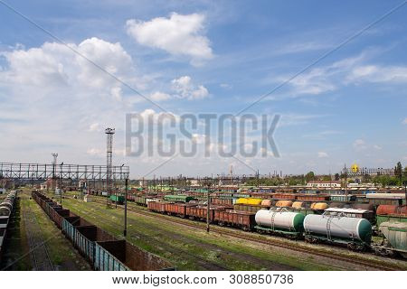 Freight Trains On City Cargo Terminal. Railways In Train Parking. Arain Arrived At The Station. Carg