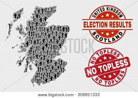 Ballot Scotland Map And Seal Stamps. Red Rounded No Topless Distress Seal Stamp. Black Scotland Map 
