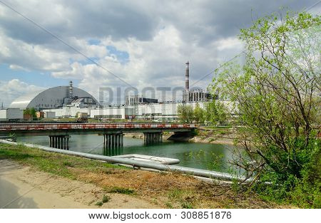 Panorama Near The Chernobyl Nuclear Power Plant. The First Second Third And Fourth Power Units. Arch