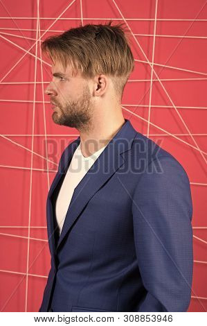 Manager Dress Code. Man Well Groomed Manager Wear Elegant Formal Suit Pink Background. Manager Confi