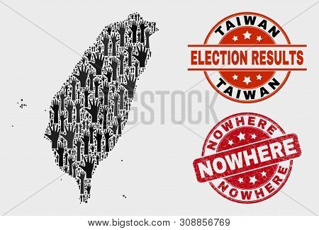 Democracy Taiwan Map And Seal Stamps. Red Rounded Nowhere Grunge Seal. Black Taiwan Map Mosaic Of Ra