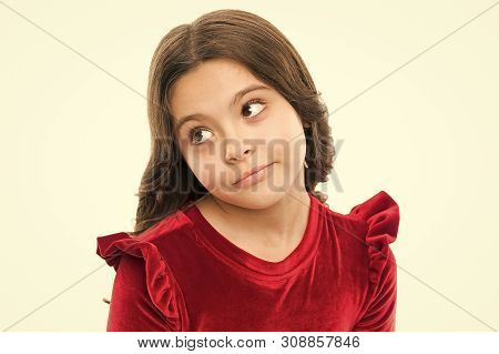 Maybe Concept. Kid Thoughtful Dreamy Face Make Decision. Child Cute Thinking. Girl Casual Look Make 