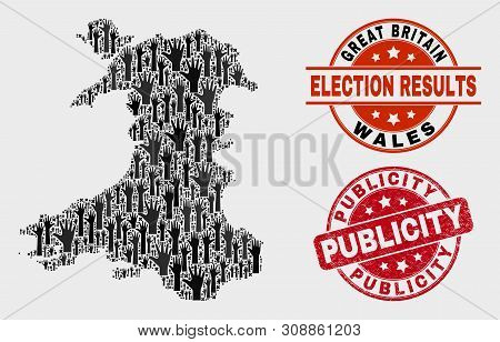 Poll Wales Map And Watermarks. Red Rounded Publicity Distress Seal. Black Wales Map Mosaic Of Upward