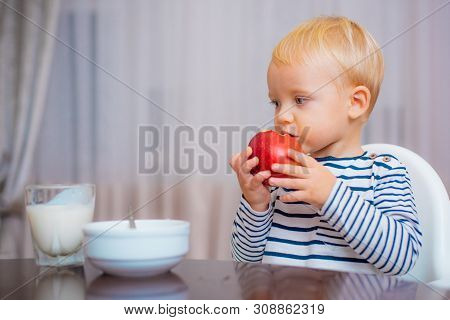 Child Eat Apple. Kid Cute Boy Sit At Table With Plate And Food. Healthy Food. Boy Cute Baby Eating B