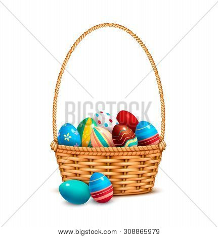 Willow Wicker Basket One Handle Full With Painted Colorful Easter Eggs Closeup Realistic Isolated Im