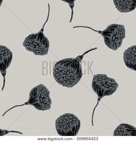 Seamless Pattern With Hand Drawn Stylized Lotus Stock Illustration