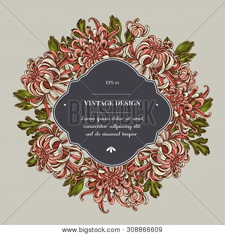 Badge Over Design With Japanese Chrysanthemum Stock Illustration