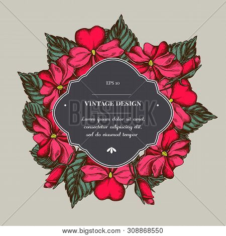 Badge Over Design With Impatiens Stock Illustration