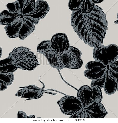 Seamless Pattern With Hand Drawn Stylized Impatiens Stock Illustration