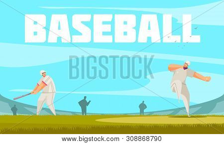 Summer Sport Baseball Composition With Outdoor Stadium Background And Doodle Characters Of Ballplaye