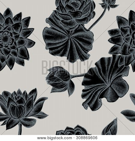 Seamless Pattern With Hand Drawn Stylized Lotus Stock Illustration