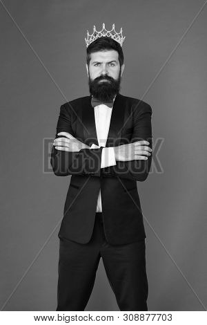 Formal Wear Male Fashion For Big Boss. Bearded Big Boss Man In Tuxedo And Bow Tie. Egoist. Businessm