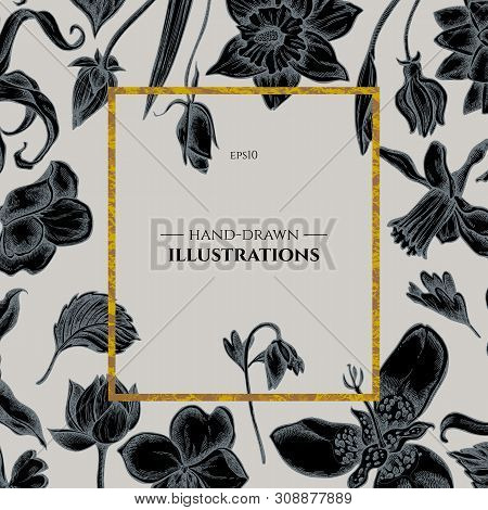 Badge Over Design With Ylang-ylang, Impatiens, Daffodil, Tigridia, Lotus, Aquilegia Stock Illustrati