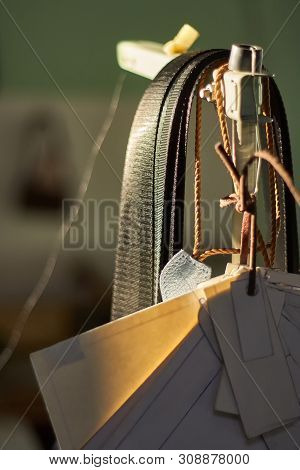 Templates, Leather Swotch And Other Sewing Items Are In The Leather Workshop. Leather Craft.