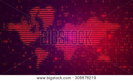 Digital Binary Code On Dark Bg With Alert Map
