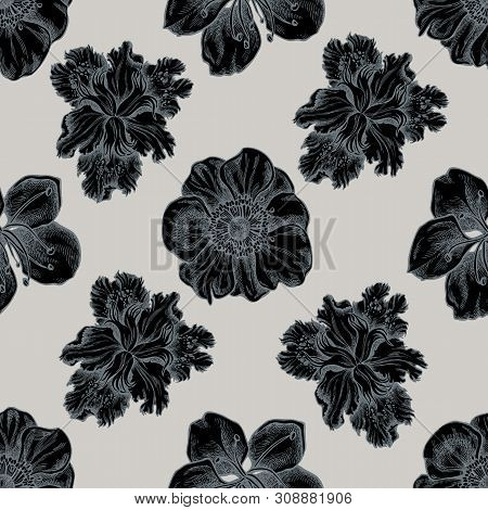 Seamless Pattern With Hand Drawn Stylized Anemone, Iris Japonica, Sakura Stock Illustration