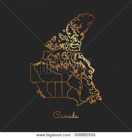 Canada Region Map: Golden Gradient Outline On Dark Background. Vector Illustration.