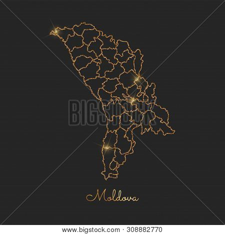 Moldova Region Map: Golden Glitter Outline With Sparkling Stars On Dark Background. Vector Illustrat