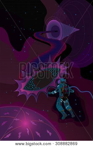 Psychedelic Poster. A Monster Emerging From A Black Hole, An Astronaut In Outer Space.template For C