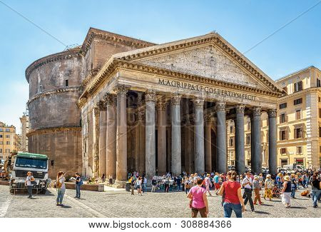 Rome - May 9, 2014: People Visit The Pantheon In Rome, Italy. Old Roman Pantheon Is One Of The Top T