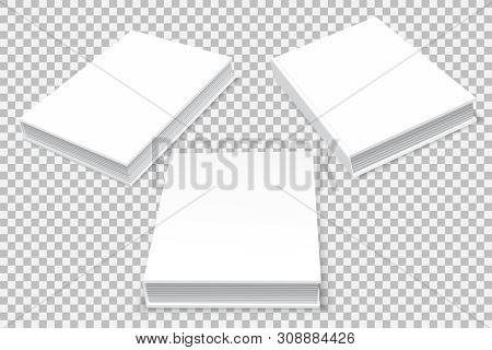 Three Paper Books Are Hardcover, In Three Angles. An Empty, White Template In Perspective. A Templat