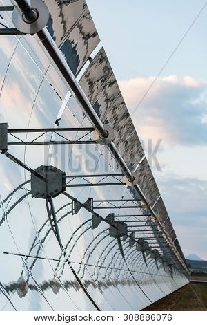 Logrosan, Extremadura, Spain - March 23, 2019: Detail Of The Concentrators And Solar Panels Of The S