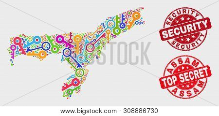 Safety Assam State Map And Stamps. Red Round Top Secret And Security Grunge Seals. Colorful Assam St
