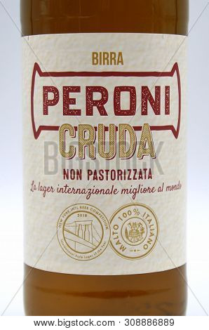 Rome, Italy - May 5, 2019:peroni Cruda Label.