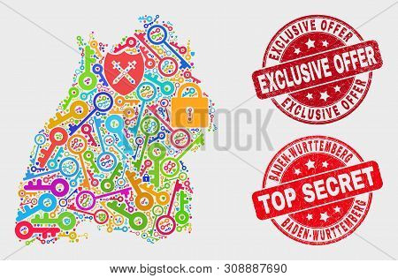 Safety Baden-wurttemberg Land Map And Seals. Red Round Top Secret And Exclusive Offer Distress Seals