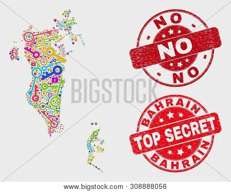 Passkey Bahrain Map And Stamps. Red Round Top Secret And No Grunge Stamps. Bright Bahrain Map Mosaic