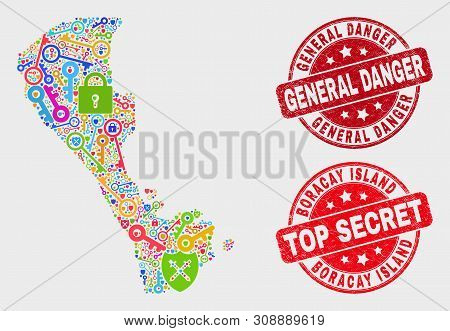 Safety Boracay Island Map And Stamps. Red Round Top Secret And General Danger Grunge Stamps. Bright 