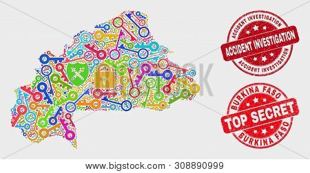 Passkey Burkina Faso Map And Seal Stamps. Red Round Top Secret And Accident Investigation Grunge Sta