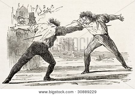 デュエリスト/決闘者古いユーモラスなイラスト。ジャーナル宇宙 L'Illustration で公開されて Darjou によって作成されました。