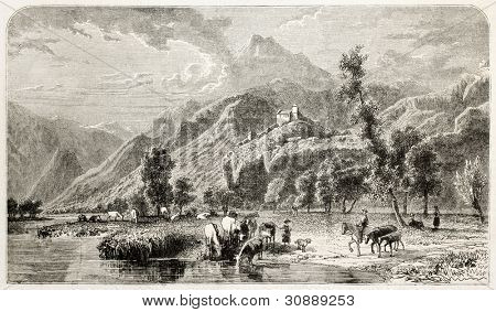 Sion starý pohled, Kanton Valais, Švýcarsko. Vytvořil(a) Girardet, publikované na L'Illustration, Jour