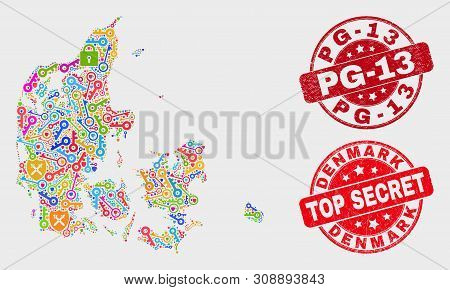 Passkey Denmark Map And Seal Stamps. Red Round Top Secret And Pg-13 Distress Seal Stamps. Colorful D