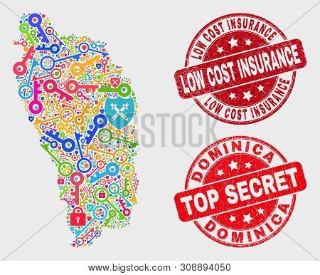 Passkey Dominica Island Map And Seal Stamps. Red Round Top Secret And Low Cost Insurance Distress Se