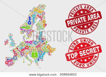 Passkey Euro Union Map And Seal Stamps. Red Round Top Secret And Private Area Distress Seal Stamps. 