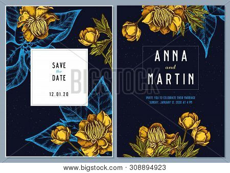 Dark Wedding Invitation Card With Colored Globeflower Stock Illustration