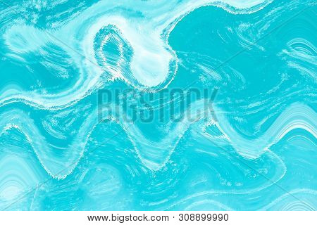 Abstract Background Of Blue Sea Color And White With Large Waves Curl And Zigzag.