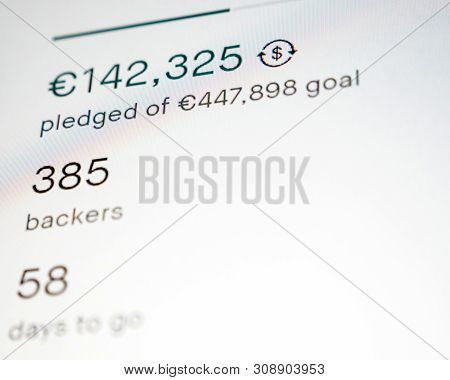 Generic Digital Screen Display Featuring Crowdfunding Project With Fast Changing Sum Of Money Pledge