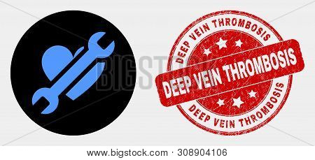 Rounded Repair Heart Icon And Deep Vein Thrombosis Seal. Red Rounded Grunge Seal With Deep Vein Thro