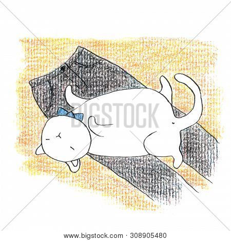 Fat Funny White Cat Lying On The Black Trousers. Hand Drawn Illustration By Color Pencils And Ink.